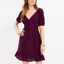 LOFT Purple Crinkle Flounce Puff Sleeve Dress Size 2 Cotton New With Tags