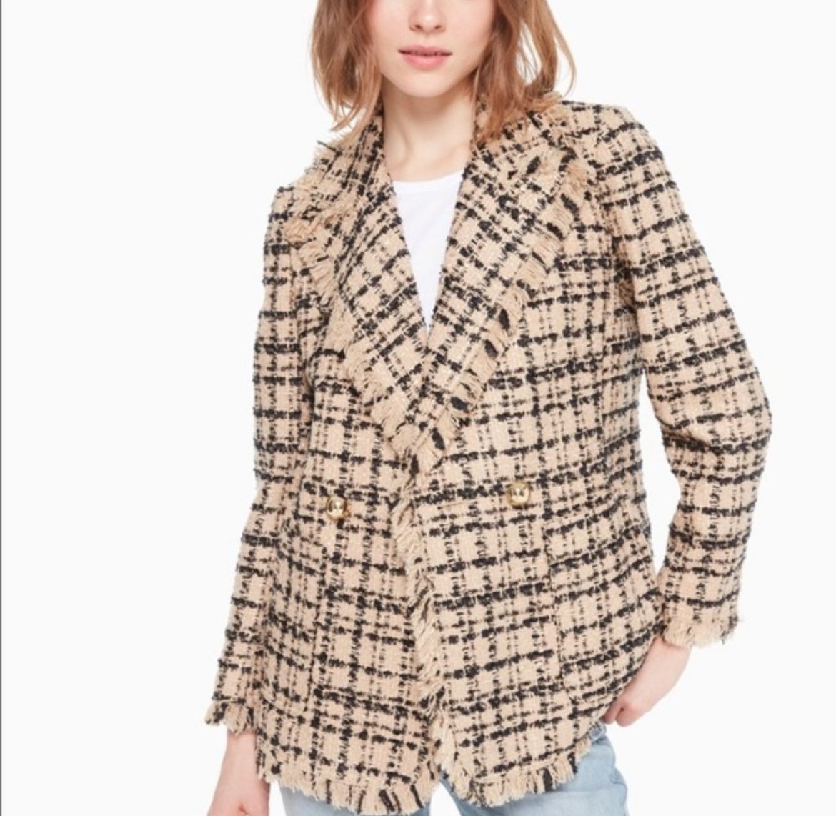 Kate Spade Tweed Blazer Jacket Fringe Trim Gold Buttons Black Beige Check Size 0