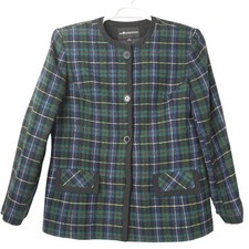 Vintage Sag Harbor Plaid Blazer Jacket Green Tartan Collarless Lined Size 14
