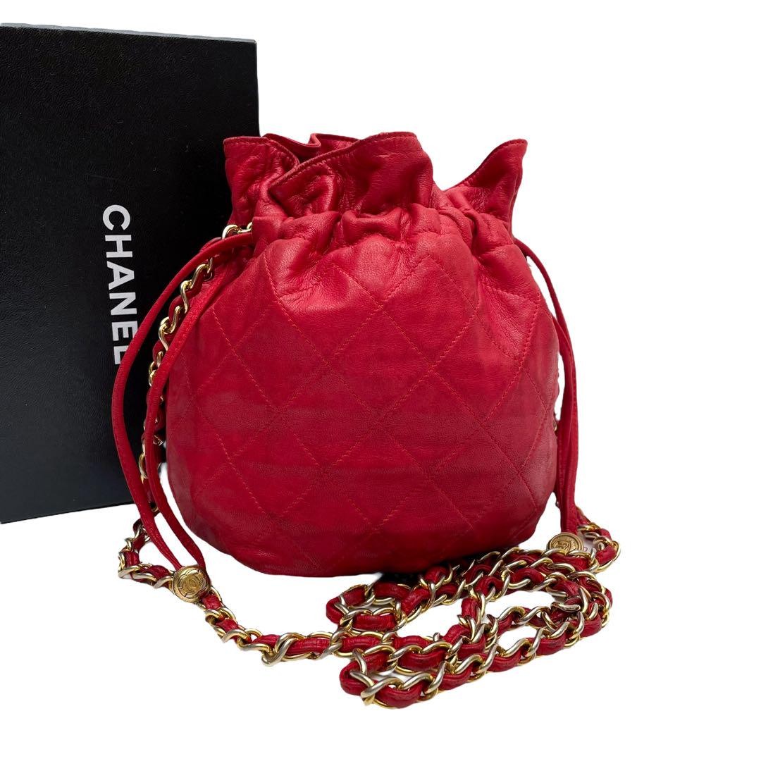 CHANEL Red Matelasse Lambskin Drawstring Chain Shoulder Bag #PGJYTH