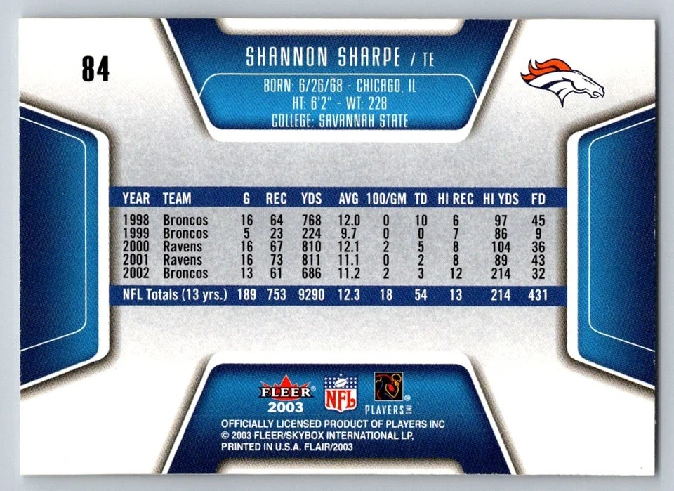 2003 Flair - Shannon Sharpe #84 - Image 2 of 2