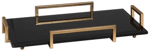 Ettore 24" Wide Gold Leaf and Black Modern Luxe Glass Tray - Picture 3 of 3