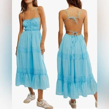 NEW FREE PEOPLE Taking Sides Tiered Cotton Maxi splash Blue Dress sz M