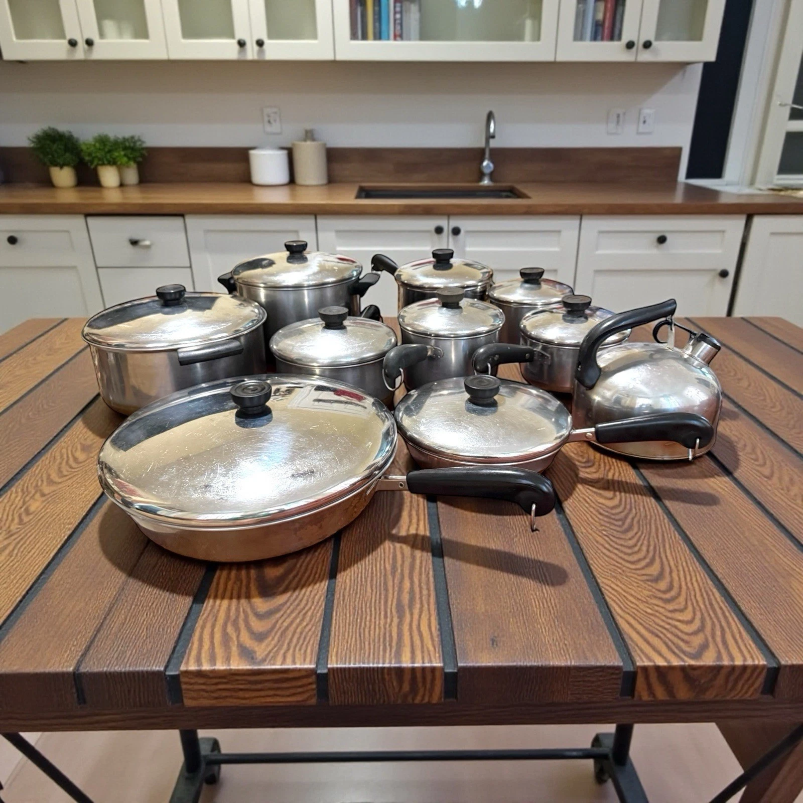 Vintage 19 Piece Pots Pans Skillets Tea Lot Revere Ware Copper Bottom Cookware