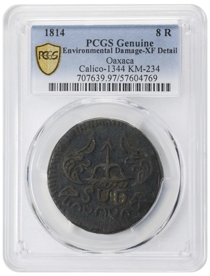 Moneda 8 Reales 8R Revolución MÉXICO 1814 Guerra de Independencia, Oaxaca SUD, GRADUACIÓN PROFESIONAL XF Foto 2 de 4