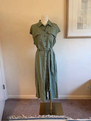 Mango 100% Linen Sleeveless Midi Shirt Dress Sage Green 10
