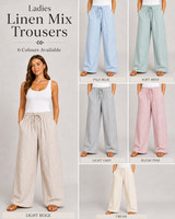 Ladies Trousers Linen Mix Womens Stripe Summer Holiday Elastic Waist Beach NEW
