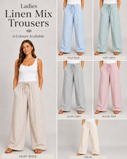 Ladies Trousers Linen Mix Womens Stripe Summer Holiday Elastic Waist Beach NEW