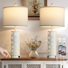 Set of 2 Rustic Table Lamps, Retro White, 2 USB Ports, Nightlight, 27"