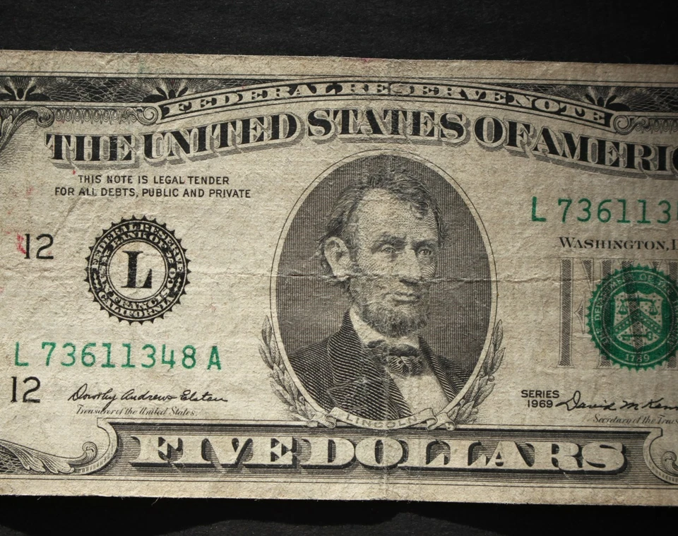 1969 $5/San Francisco/Federal Reserve Note/significant circulation/F-1972L - Image 3 of 4