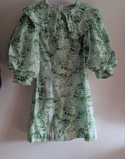 Green Floral Mini Dress with Ruffle Collar and Puff Sleeves Xs