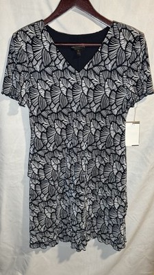 Connected Apparel Womens Short Sleeve Navy/White Ruched Textured Dress - Size 8P