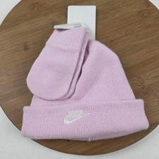 Nike Beanie Hat Mittens Set Infant Girls One Size Pink Knit Cuffed Logo