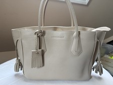 New LONGCHAMP Penelope Tassel Beige Gray Cement Leather Tote, Handbag, Purse New