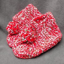 Handmade Ladies Red/Green/White Knitted Slippers Booties w/Matching Pom-Pom Xmas