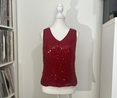 Vintage 90 s Alfani 100% Silk Red Shimmer Sequin Beaded Sleeveless Top Women s M