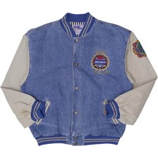 Vintage Mens Chalk Line Varsity Jacket Blue NHL Hockey Patch Denim Size L