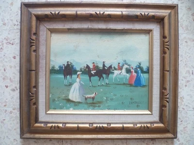 TABLEAU HS PANNEAU BOIS "les jokeys chevaux et jeunes filles" signé LAMBART - Photo 1/3