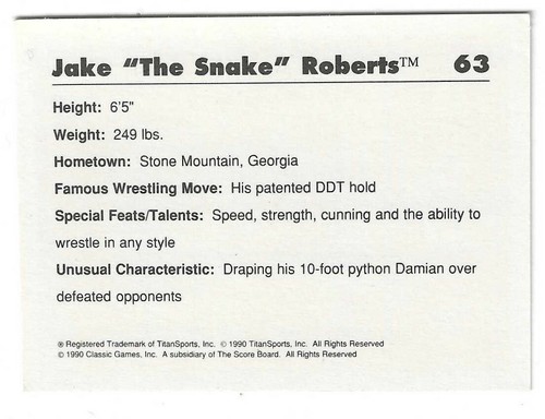 1990 Classic WWF #63 Jake "Il Serpente" Roberts wrestling trading card - Foto 2 di 2