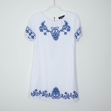 Lulus Tale to Tell Blue & Ivory Embroidered Shift Dress Boho Size Women's Small