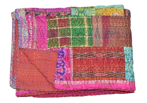 Kantha coverlet Handmade Bed Sheet Queen Bedcover Indian Cotton Throw Bedspread - Picture 3 of 3