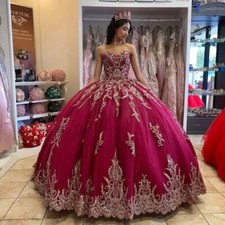 Fuchsia Quinceanera Dresses Strapless Beaded Appliques Backless Party Prom Gowns