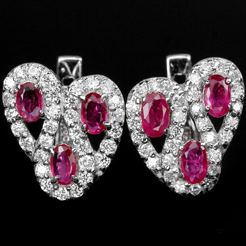  GENUINE AAA RED PINK RUBY OVAL & WHITE CZ STERLING 925 SILVER EARRINGS - 第 1/2 張圖片