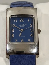 Mondu Blue Dial Silver Tone Rectangle Case Hinge Open Cuff Band Watch