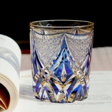 Cut Crystal Whiskey Glass Tumbler Edo Kiriko Drinkware Hand Cut Clear 9oz Blue