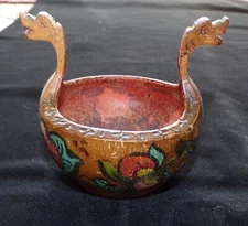 OLD VINTAGE HANDPAINTED FOLK ART WOODEN SMALL DISH  STYLE- SALT CELLAR NORWAY?