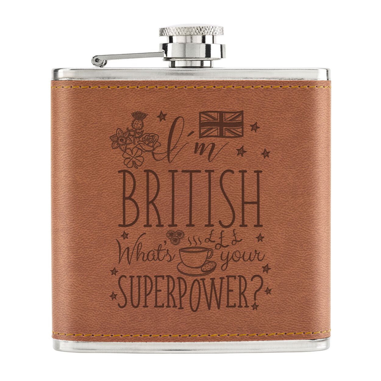 I'm British What's Your Superpower 6oz PU Leather Hip Flask Tan Britain Flag