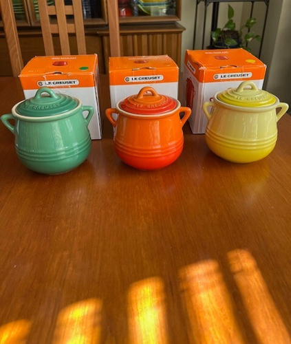 Le Creuset Mini Bean Pots with Lids - Set of Three (3) Flame, Soleil and Fennel