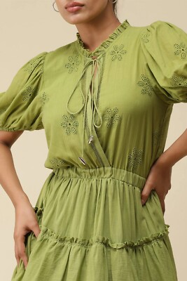 LABEL RITU KUMAR GREEN SOLID TIE UP SHORT DRESS Size Small Puff Sleeve Boho  | eBay