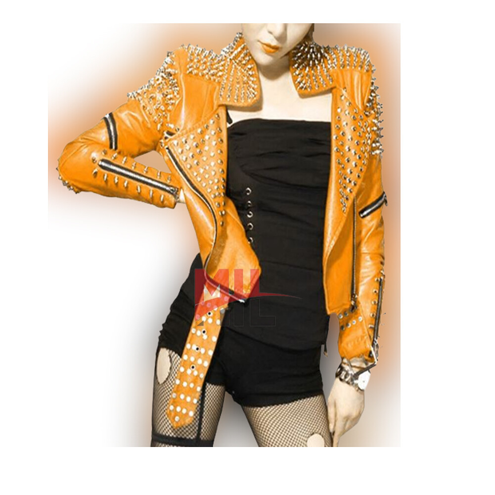 Punk Rock Orange Studded Genuine Leather Jacket for Women Handmade
