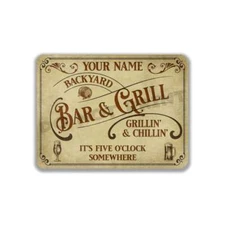 Personalized Backyard Bar and Grill Parchment Metal Sign - Weathered Bar Sign