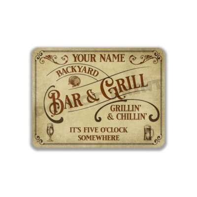 Personalized Backyard Bar and Grill Parchment Metal Sign - Weathered Bar Sign