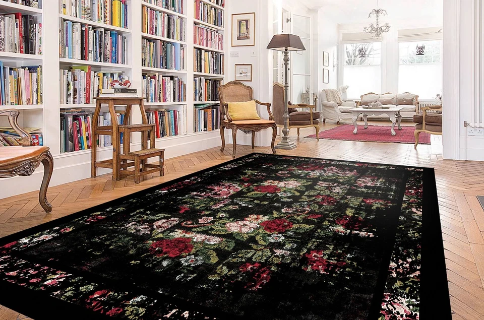 Traditional Rug, Black Rug, Non Slip Washable Area Rug, Rose Theme Floral Carpet - Image 4 of 4