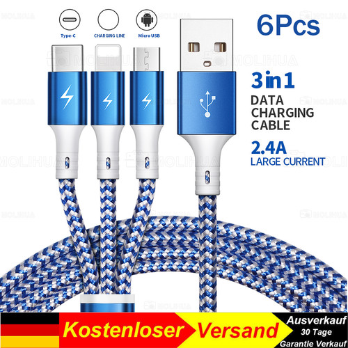 6X Multi USB Kabel 3in1 Ladekabel Auto USB C Micro USB Dreifach Handy