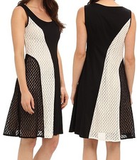 Nine West Black/Ivory Diagonal Colorblock Stretch Lace Fit & Flare Dress - $98