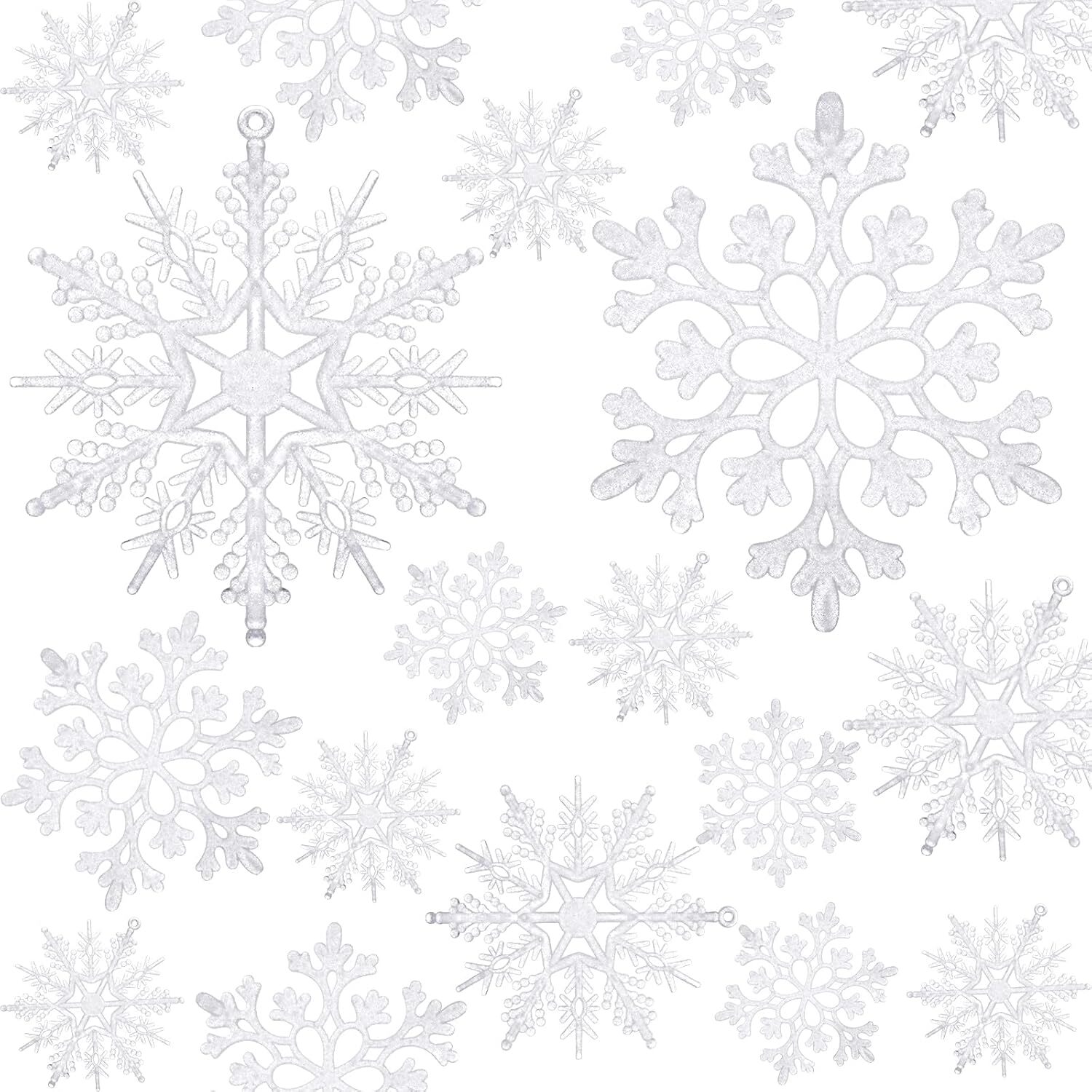 50 White Plastic Snowflake Ornaments with Hooks for Christmas Tree Decor