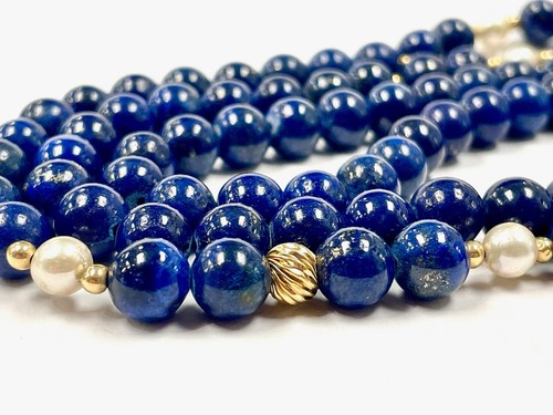14K LAPIS LAZULI PEARL & YELLOW GOLD BEAD NECKLACE 28" 68 GRAMS - Picture 2 of 9