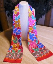 Oblong scarf floral; red, blue, green, yellow, pink, tan; poly 53 x 12.5 inches