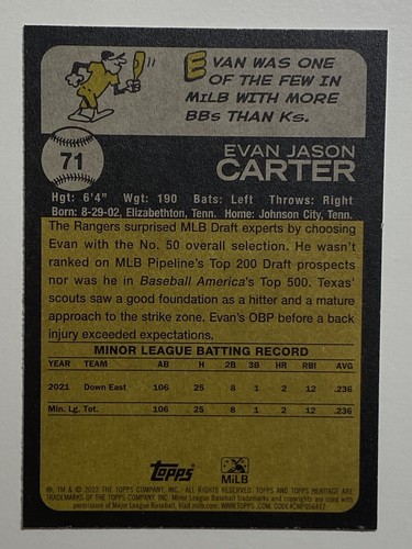 Evan Carter 2022 Topps Heritage Minor League Baseball #71 Rangers - Picture 2 of 2