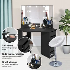 Corner Makeup Vanity Desk with Mirror+3 Color LED Lights 5 Drawers Storage Shelf