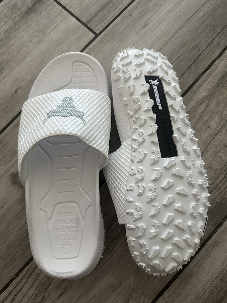 NWOB Under Armour UA Project Rock White Slides / Brahma Bull Size 8 The Rock NWOB Under Armour UA Project Rock White Slides / Brahma Bull  main image 2
