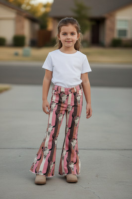 Girls Floral Skull Bell Bottom Jeans | Western Boho Kids Flare Pants