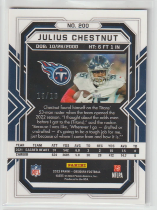 2022 Panini Obsidian #200 Julius Chestnut RC Rookie GOLD Flood Prizm #10/10 SSP - Image 2 of 2
