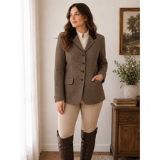 80s German Wool Blazer 44 Brown Houndstooth Velvet Collar Equestrian Jacket