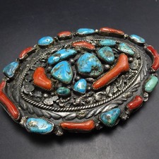 BIG Vintage NAVAJO Sterling Silver MORENCI TURQUOISE  RED MED Coral BELT BUCKLE