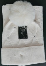 NWT Vince Camuto Ivory Beanie Scarf Embellished Rhinestones Faux Fur Pom Rayon